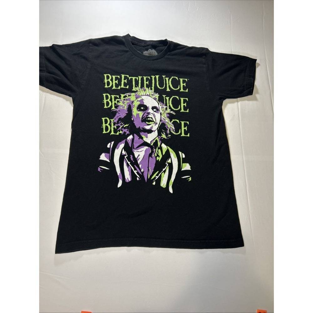 NWT Beetlejuice Size M Black Cotton Crew Neck Tee Shirt Graphic Logo Keaton